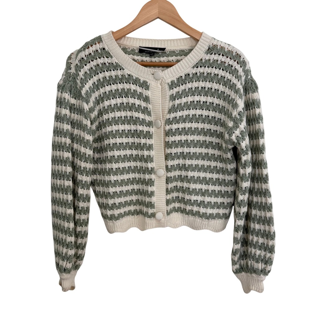 BROADWAY 38 Striped Crochet Knit Cardigan Sweater‎ Cream Sage Size M Cottagcore